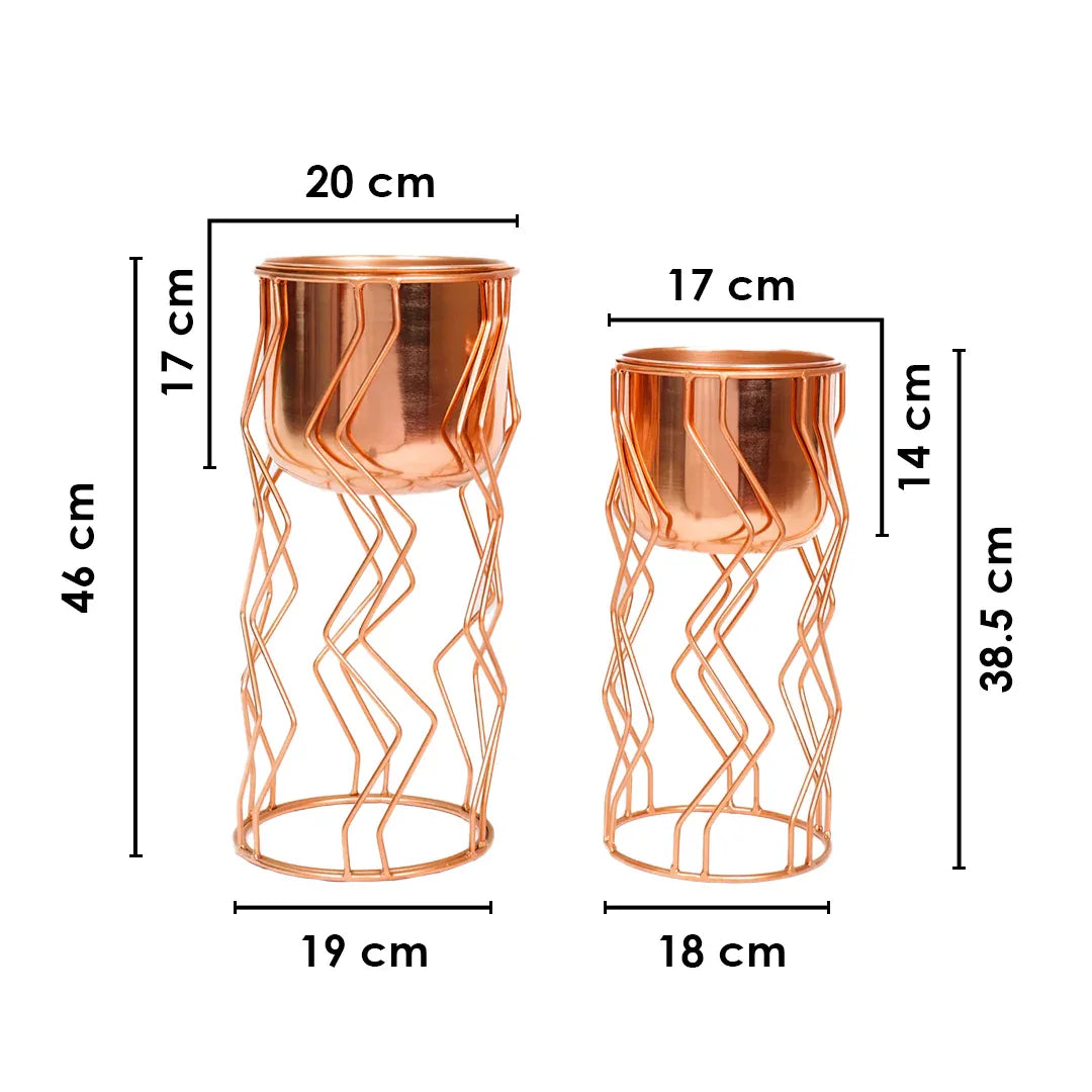 Geometric Wire Copper Planter with Stand Set of 2