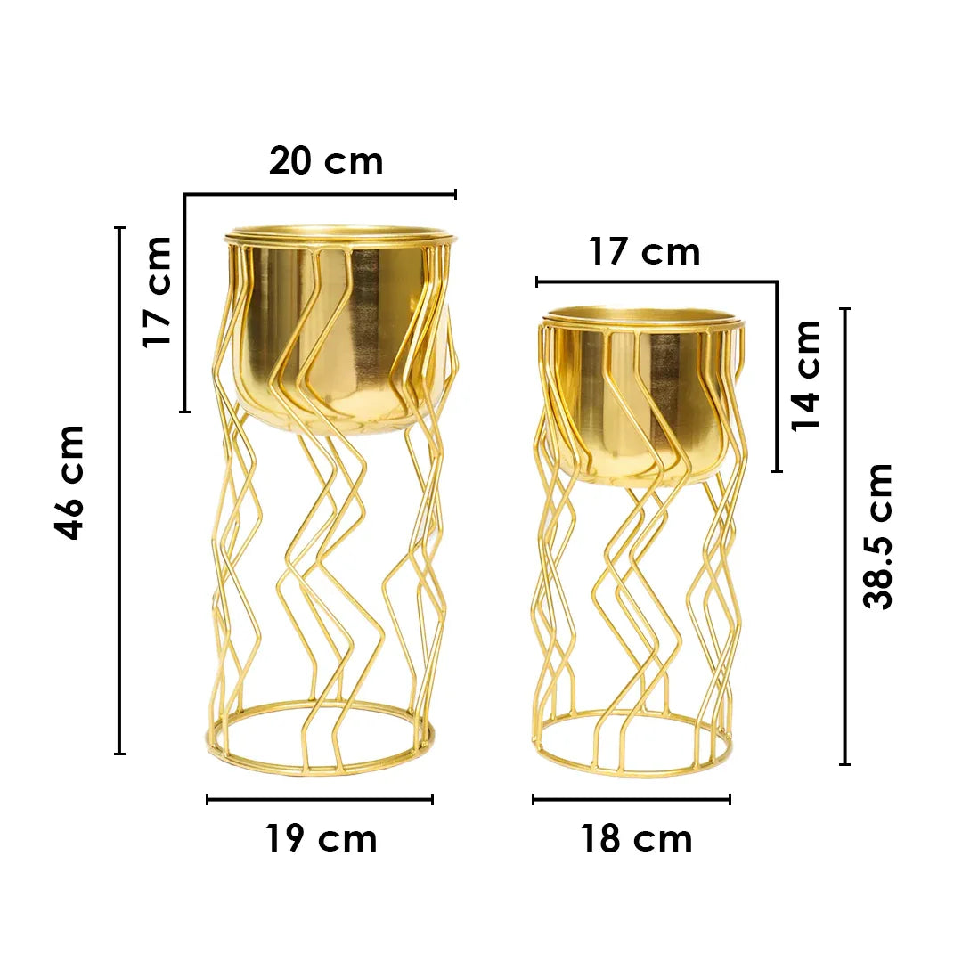 Geometric Wire Gold Planter with Stand Set of 2