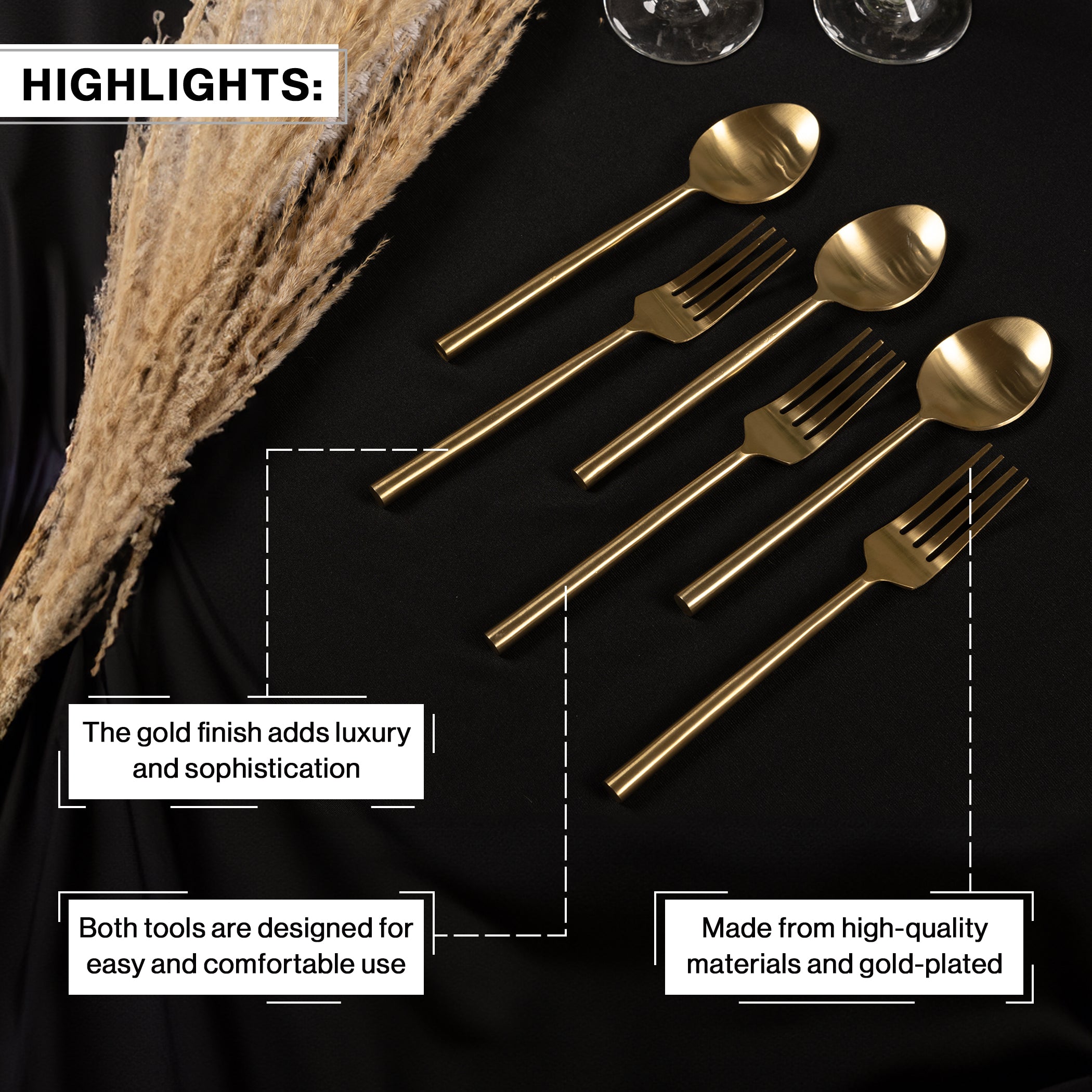 Set Of 6 Gold-Toned Stainless Steel Cutlery Sets