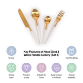 Gold Head Pvd Coated White-Powder Handle Stainless Steel Cutlery Set Of 4