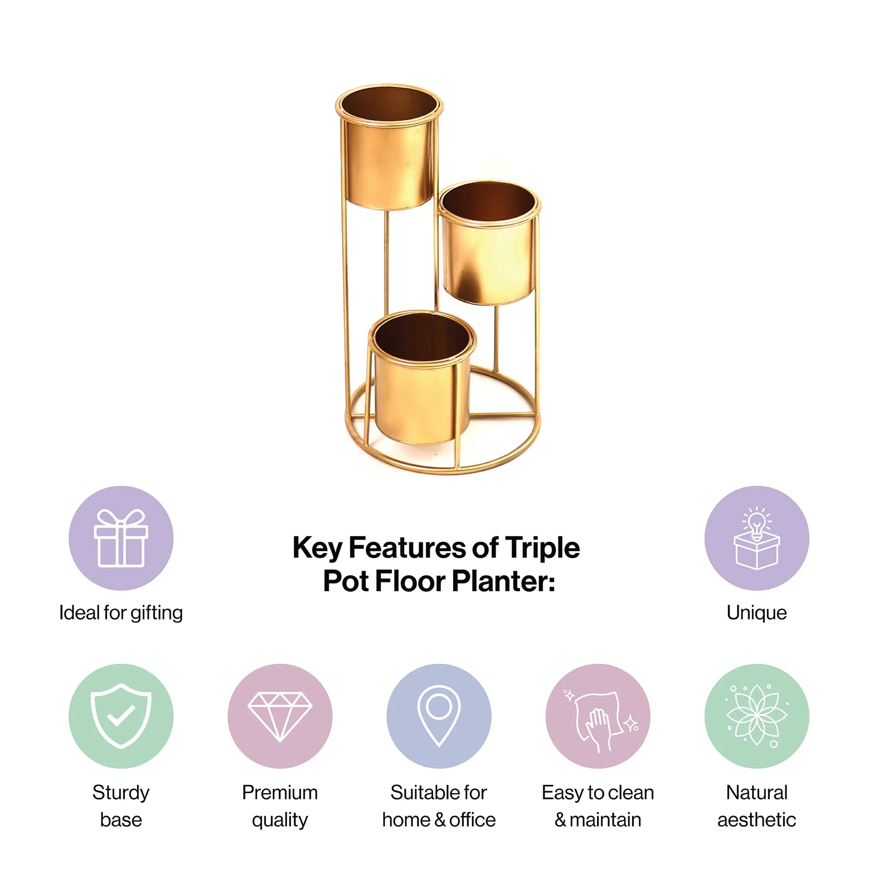 Floor Planter Stand With Triple Pots In Gold Finish