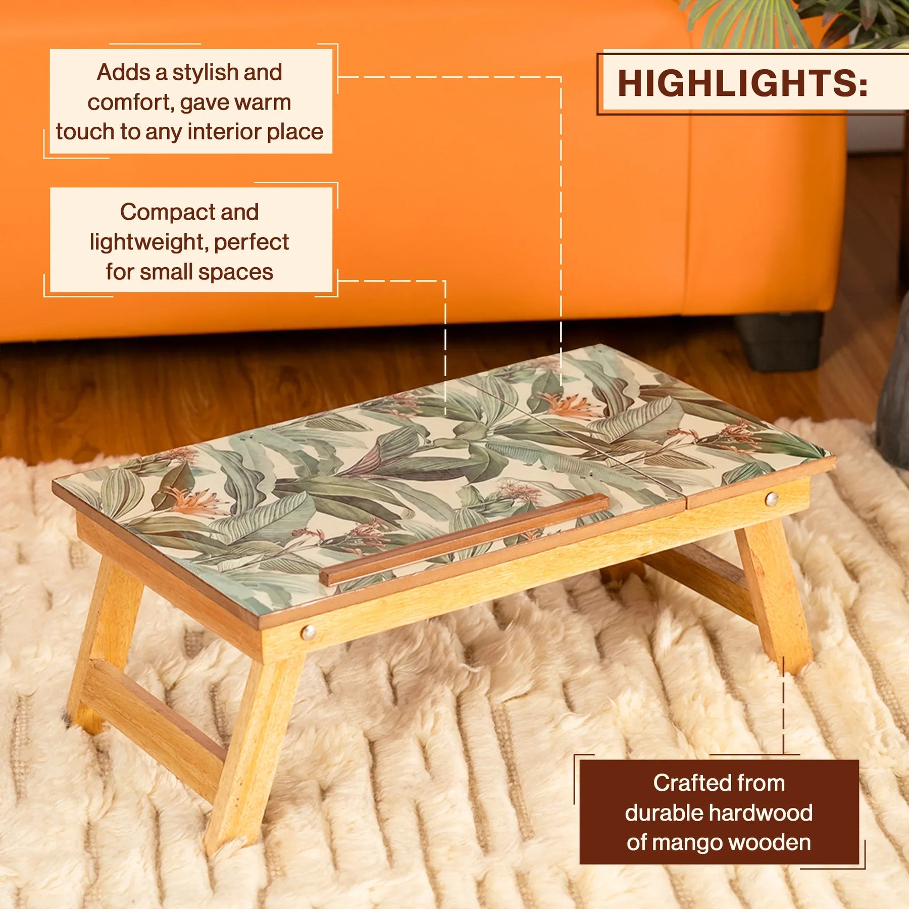 Mango Wood Handmade Folding Laptop Table in Tropical with Epoxy Resin
