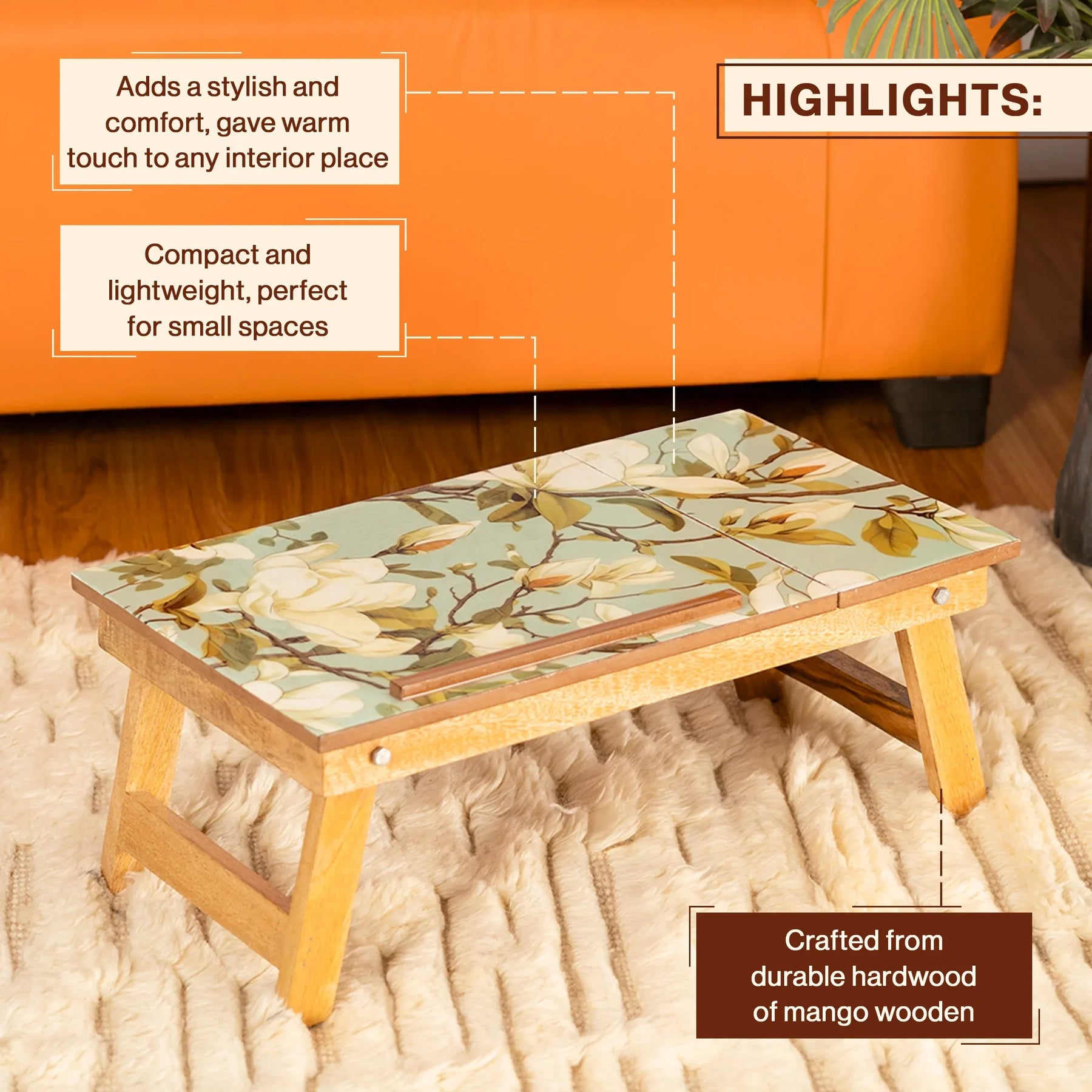 Mango Wood Handmade Folding Laptop Table in Green Magnolia with Epoxy Resin