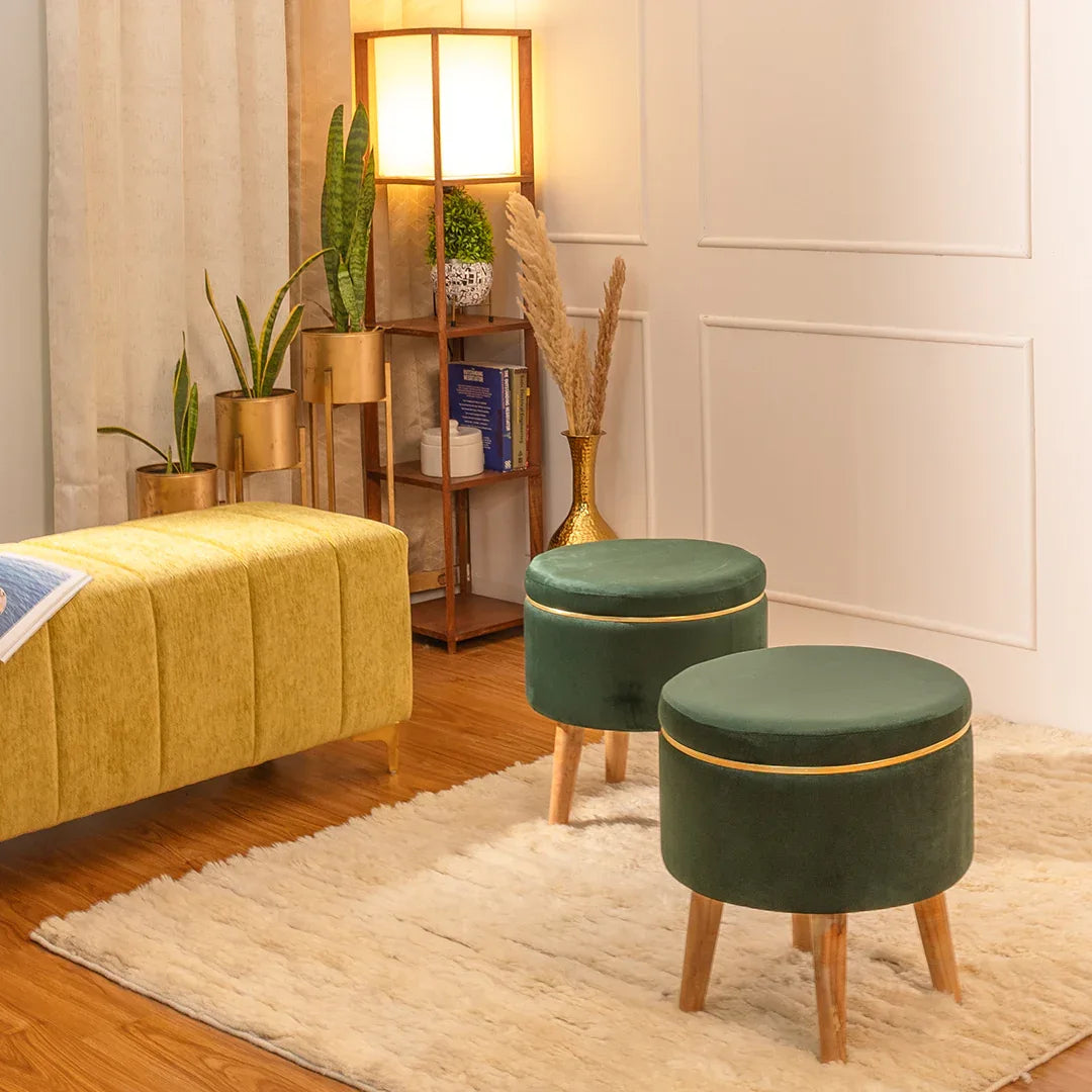 Ottoman Stool With Piping In Hunter Green - Combo Of 2