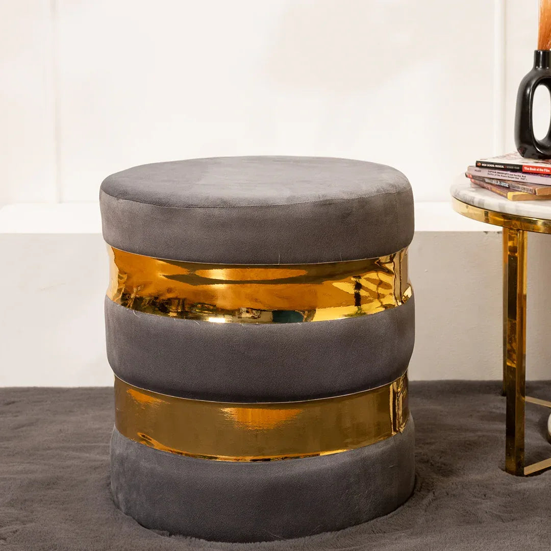 Round Velvet Ottoman Stool for living Room in Moonlit Grey