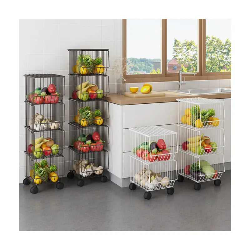 Metal Wire Basket with Wheels And Cover, 4 Tier Stackable Rolling Fruit Basket Utility Rack for Kitchen | THREADVIBE LIVING