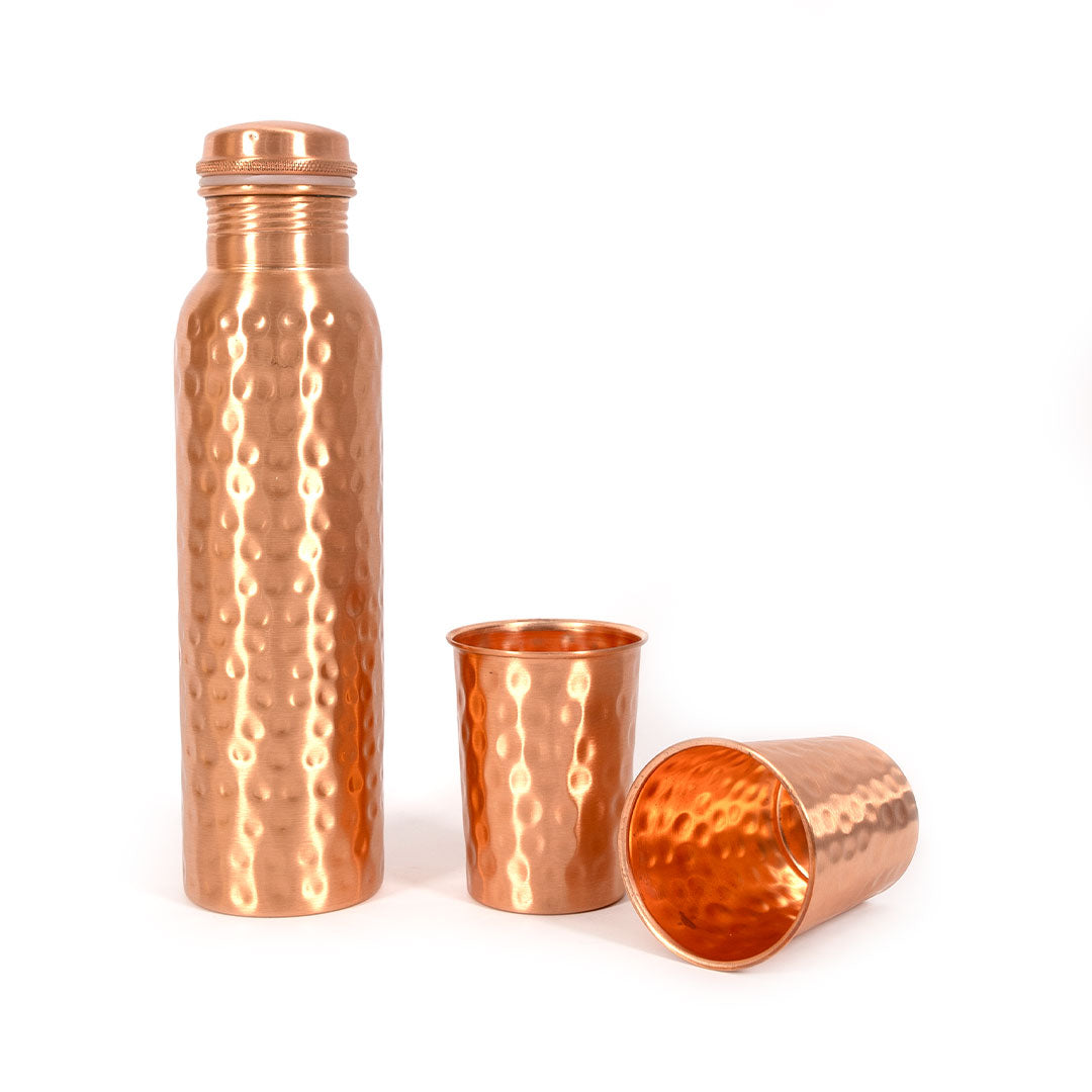 Hammered Style Copper Water Bottle with Two Glasses for Kitchen Decor