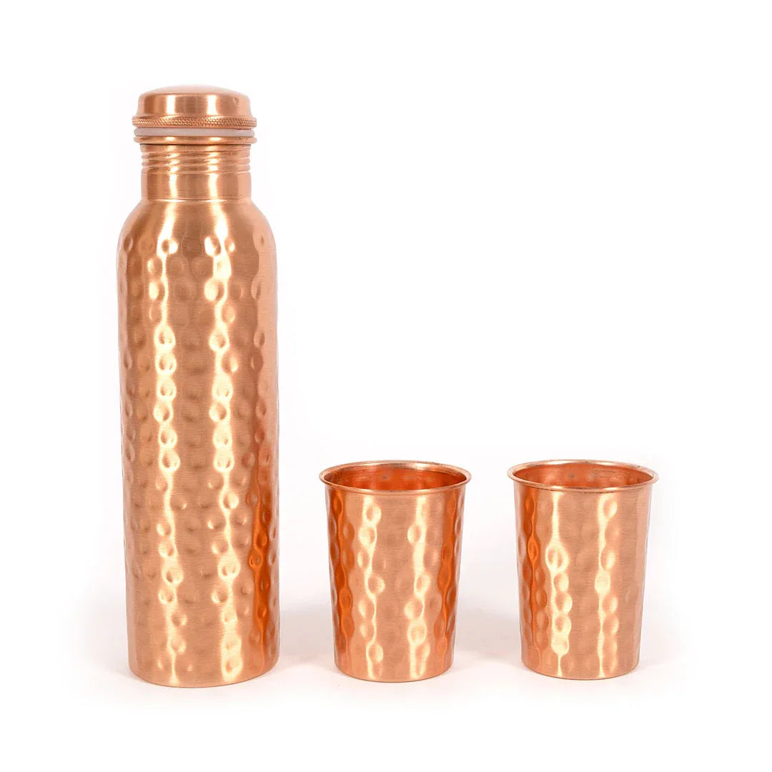 Hammered Style Copper Water Bottle with Two Glasses for Kitchen Decor