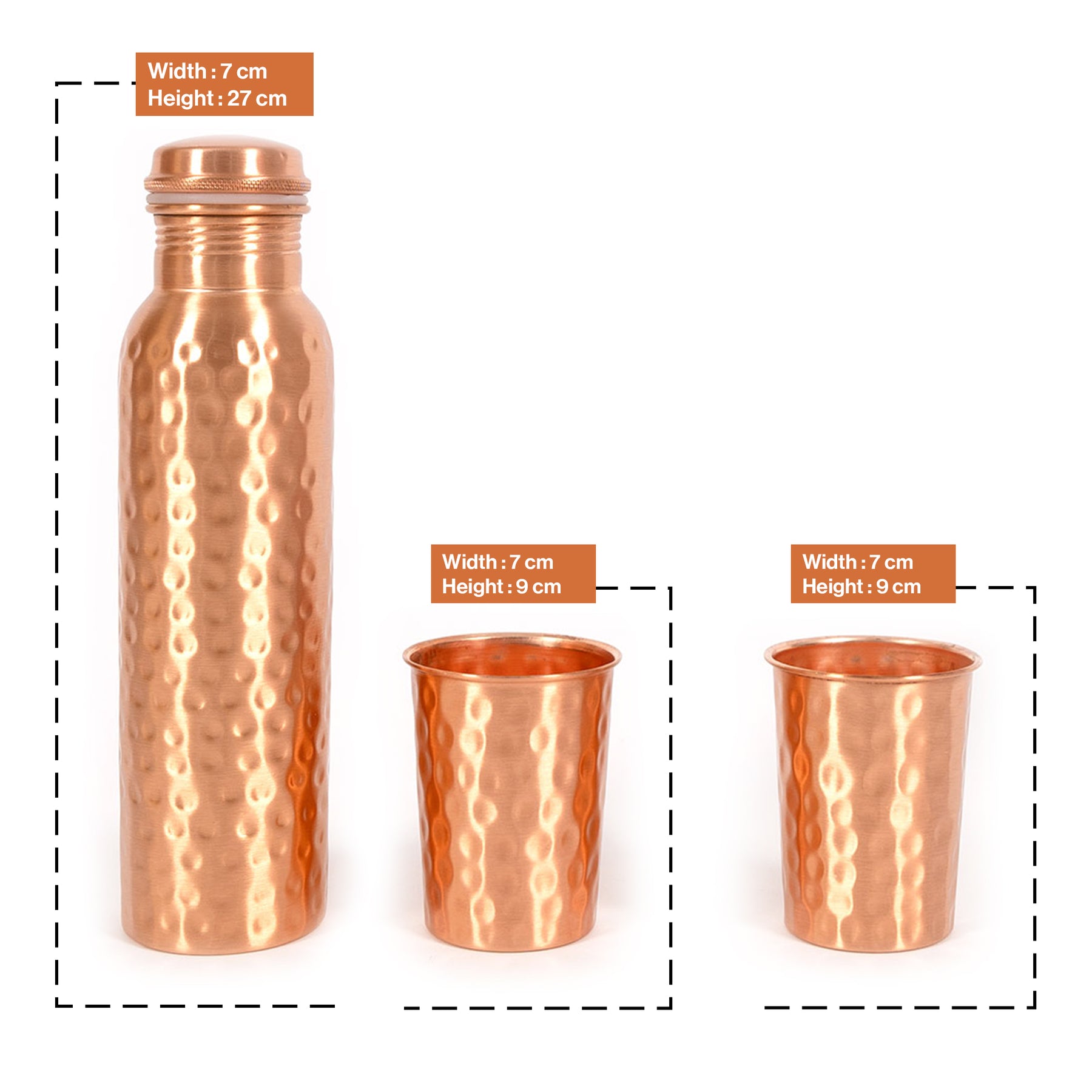 Hammered Style Copper Water Bottle with Two Glasses for Kitchen Decor