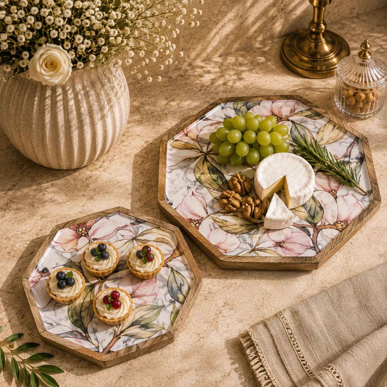 Handcrafted Mango-Wood Floral Grey Printed Platters Tray-Set Of 2