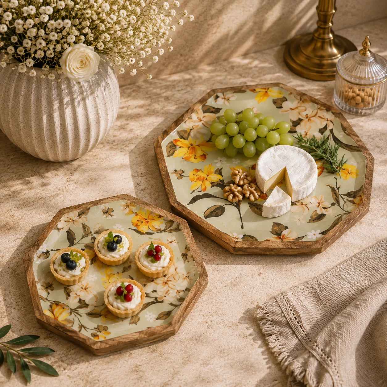 Handcrafted Mango Wood Printed Serving Platters Set - Yellow Floral
