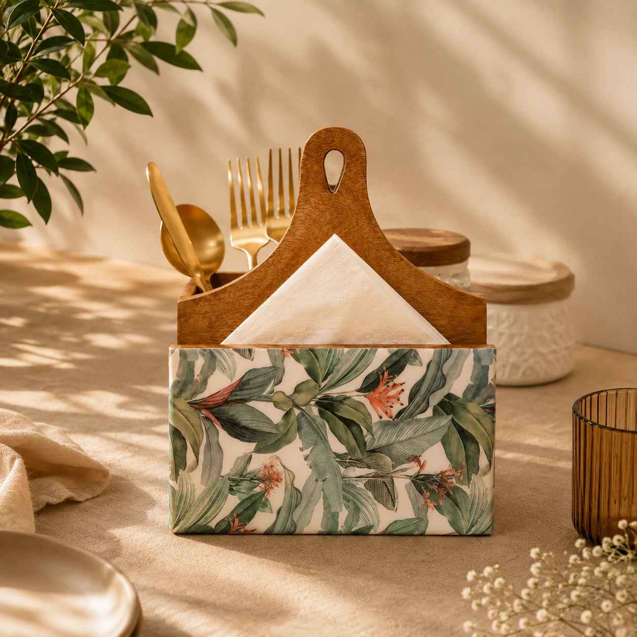 Handcrafted Mango Wood Tissue Holder with Tropical Floral Print