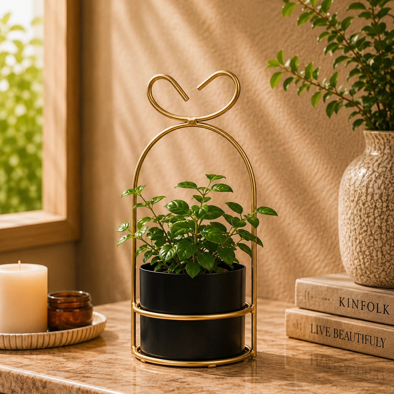 Hanging Black Metal Planter in Gold Wire Basket