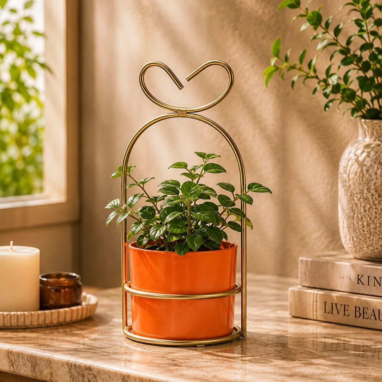 Hanging Orange Metal Planter on Gold Wire Stand