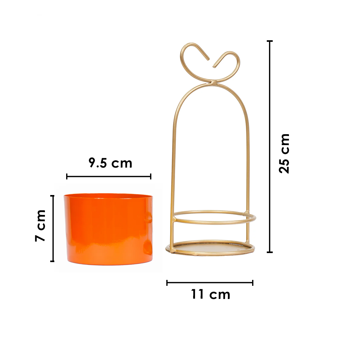Hanging Orange Metal Planter on Gold Wire Stand