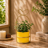 Hanging Yellow Metal Planter in Gold Wire Basket