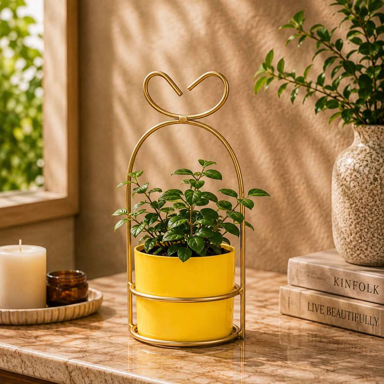 Hanging Yellow Metal Planter in Gold Wire Basket
