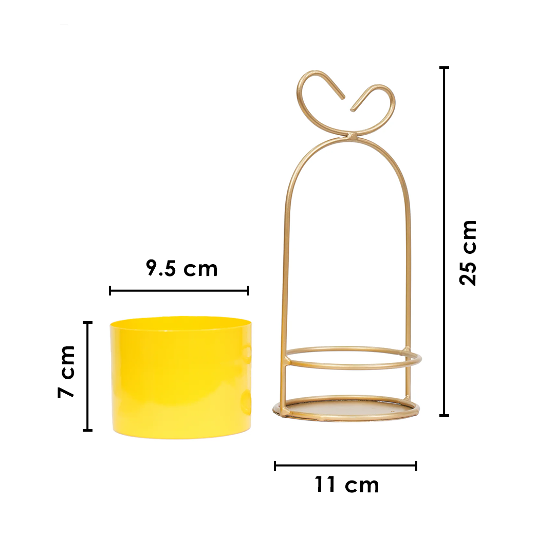 Hanging Yellow Metal Planter in Gold Wire Basket
