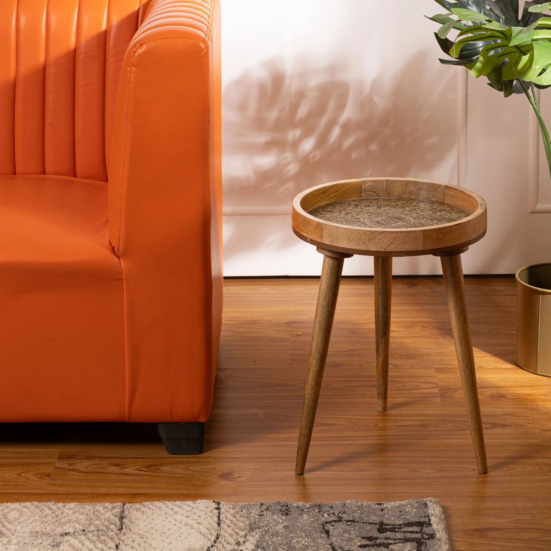 Handcrafted Mango Wood Side Table in Gold Peacock - Bedside Table for Living Room Decor