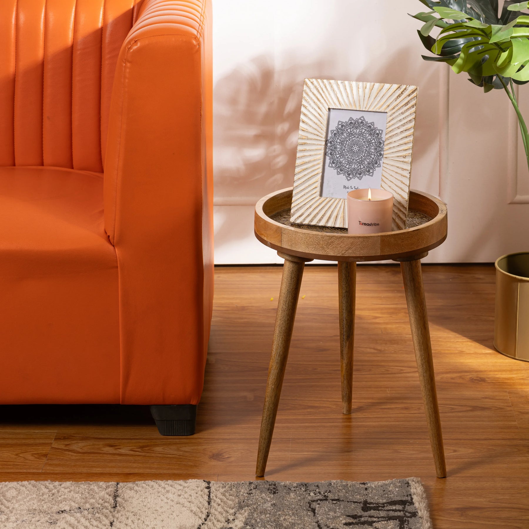 Handcrafted Mango Wood Side Table in Gold Peacock - Bedside Table for Living Room Decor