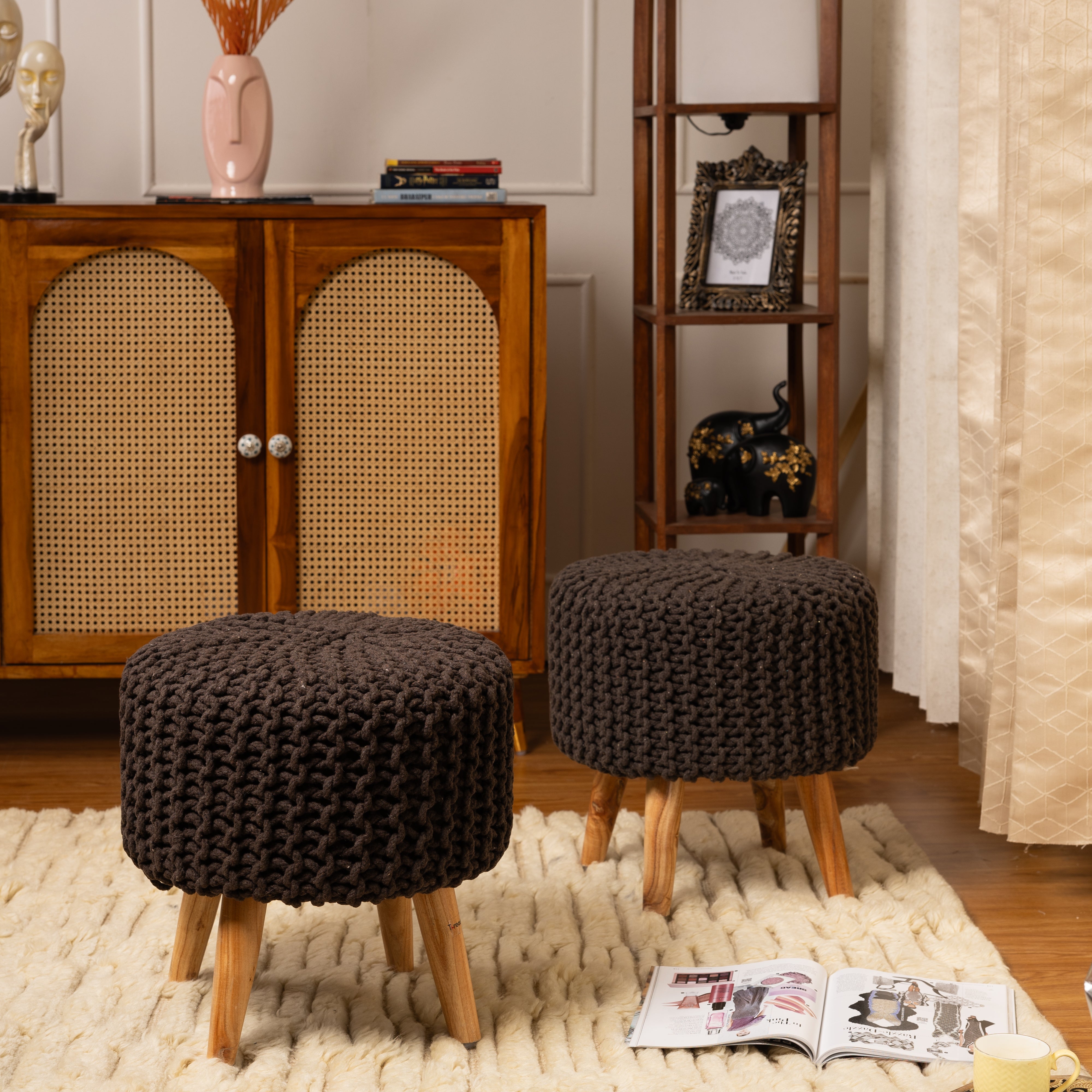 Round Ottoman Pouffe Stool (Dori) in Oak Brown-Combo of 2