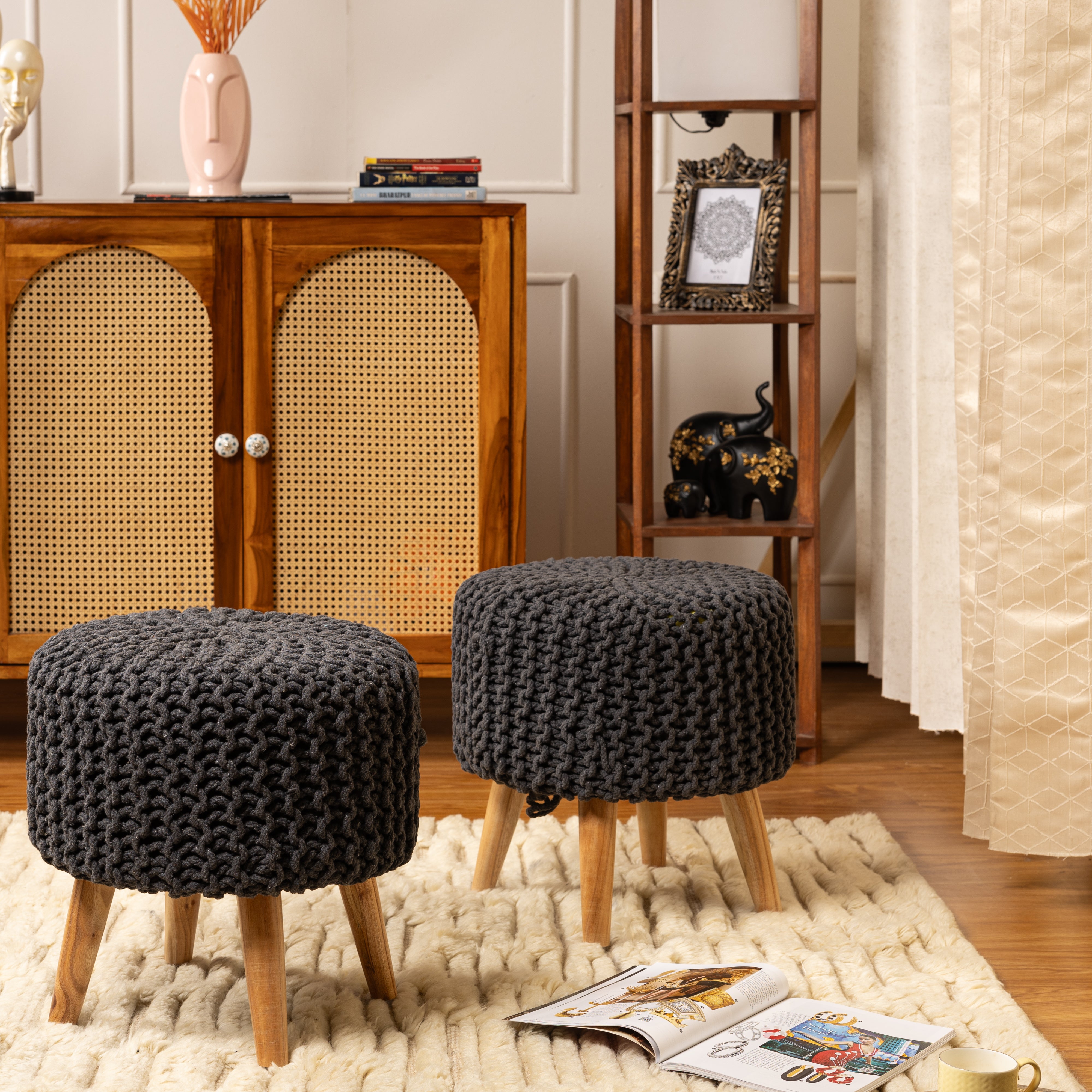 Round Ottoman Pouffe Stool (Dori) in Charcoal-Combo of 2