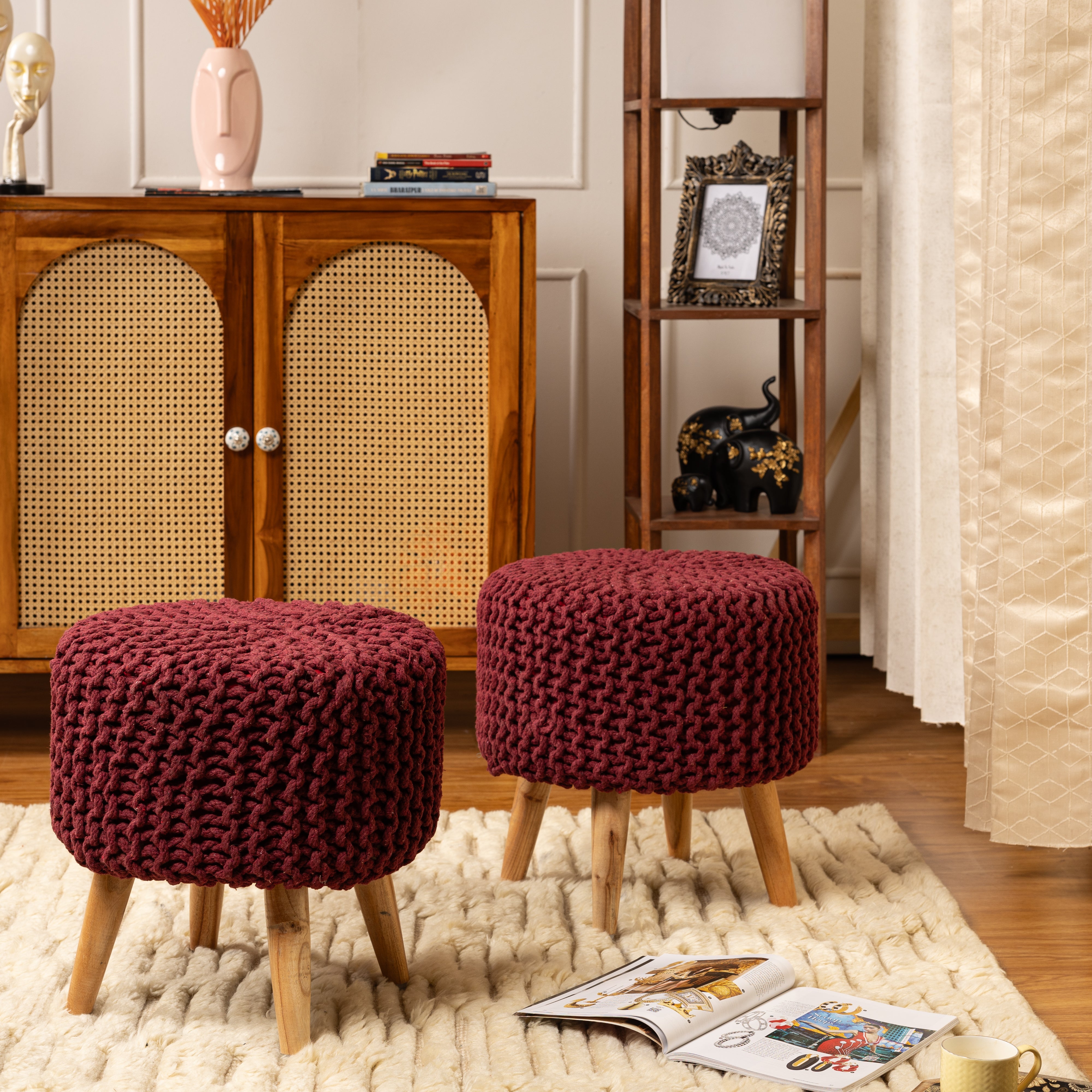 Round Ottoman Pouffe Stool (Dori) in Vintage Wine-Combo of 2