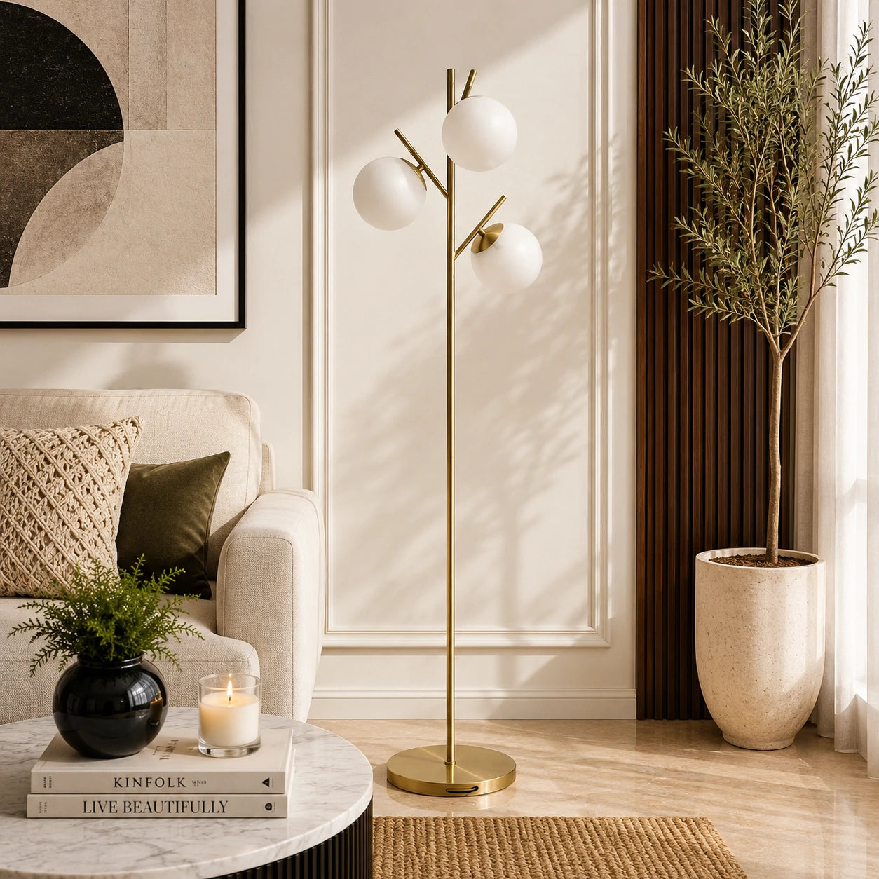 Luxury Floor Lamp with 3 Glass Globe in Gold for Living Room & Bedroom