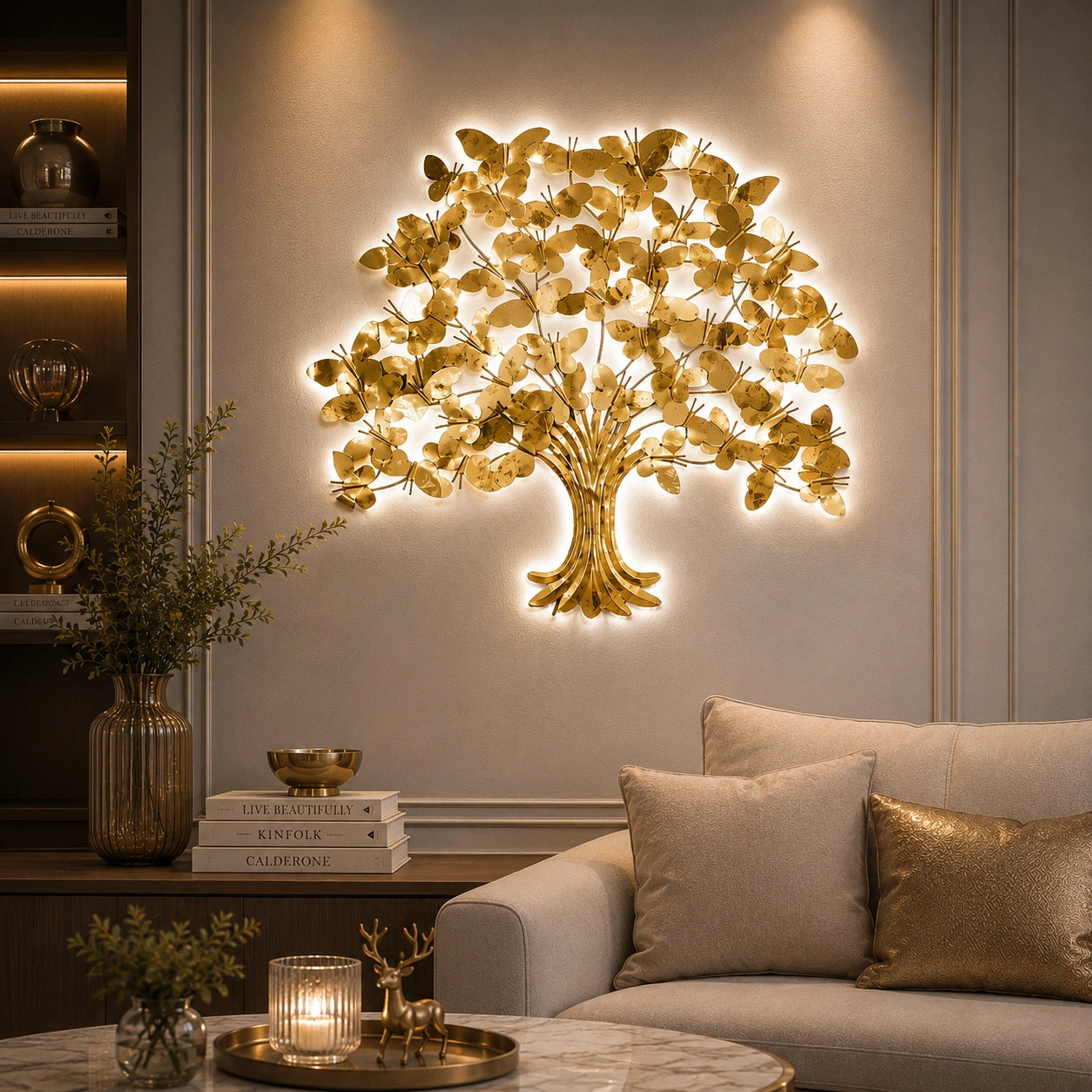 Luxury Golden Butterfly Tree Metal Wall Art with LED Backlight