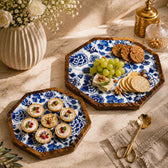 Luxury Mango Wood Serving Platters with Blue Floral Print