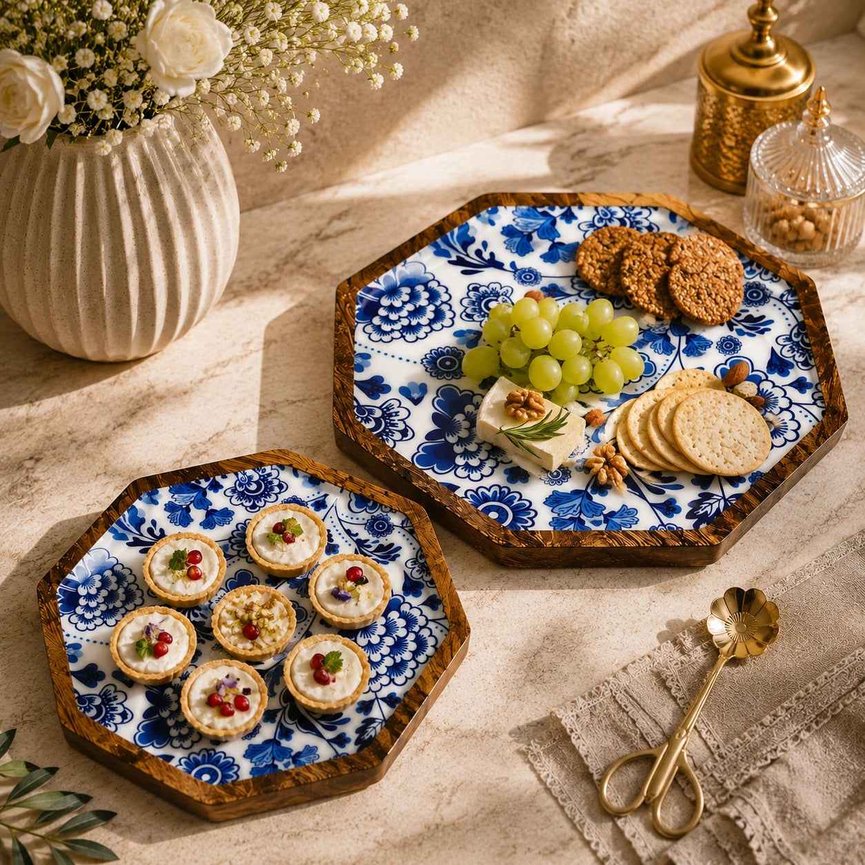 Luxury Mango Wood Serving Platters with Blue Floral Print