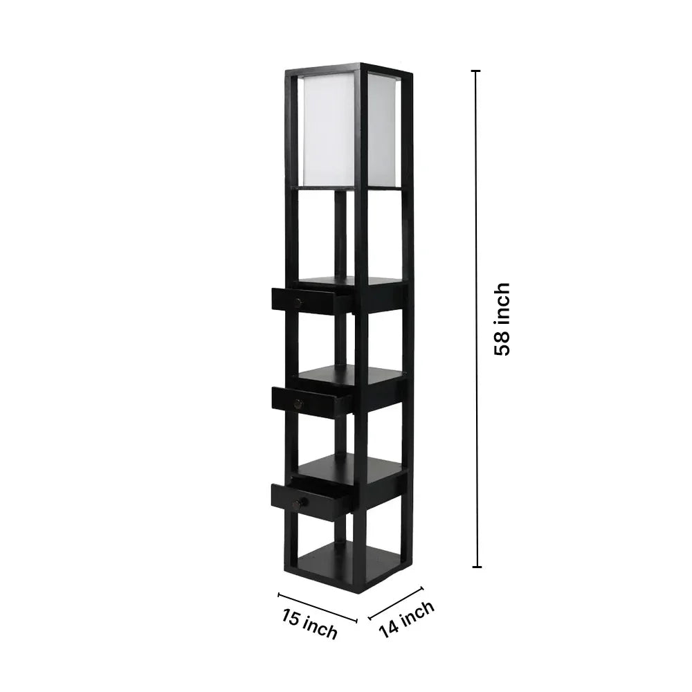 Mango Wood Floor Lamp with Three Drawer Shelf in Black