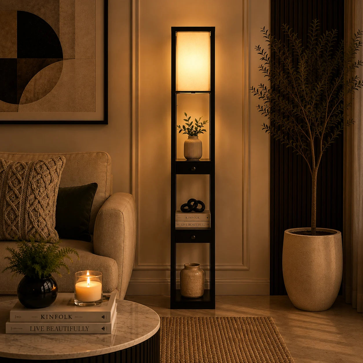 Mango Wood Floor Lamp with Three Drawer Shelf in Black