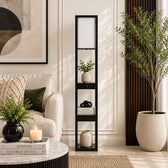 Mango Wood Floor Lamp with Three Drawer Shelf in Black