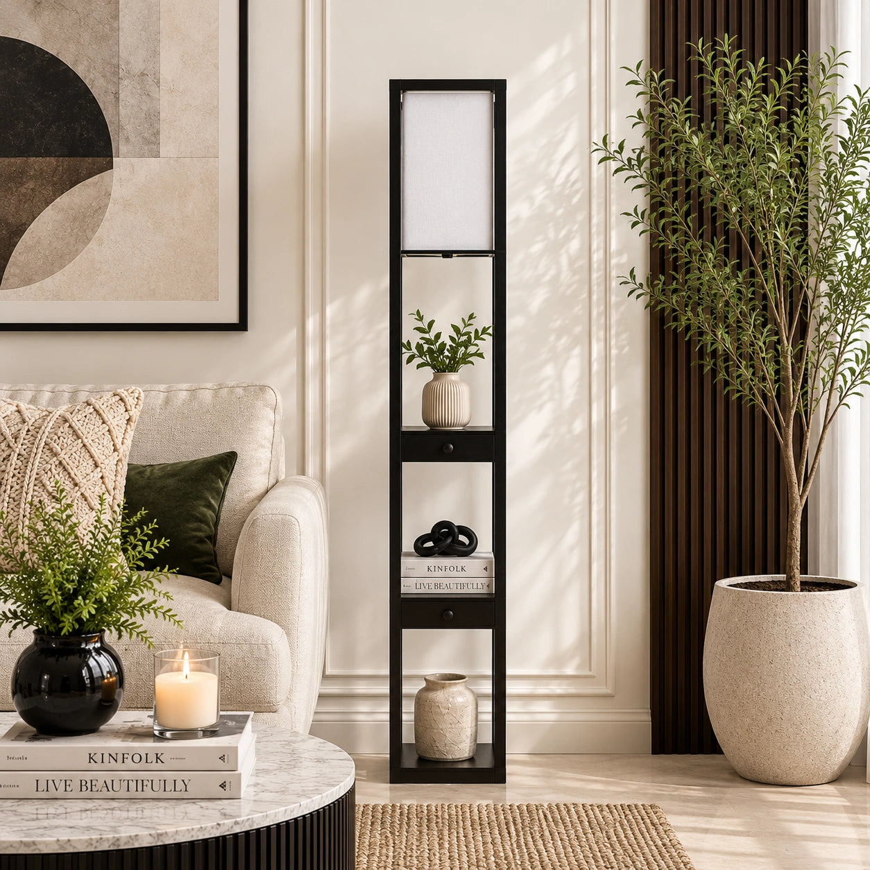 Mango Wood Floor Lamp with Three Drawer Shelf in Black