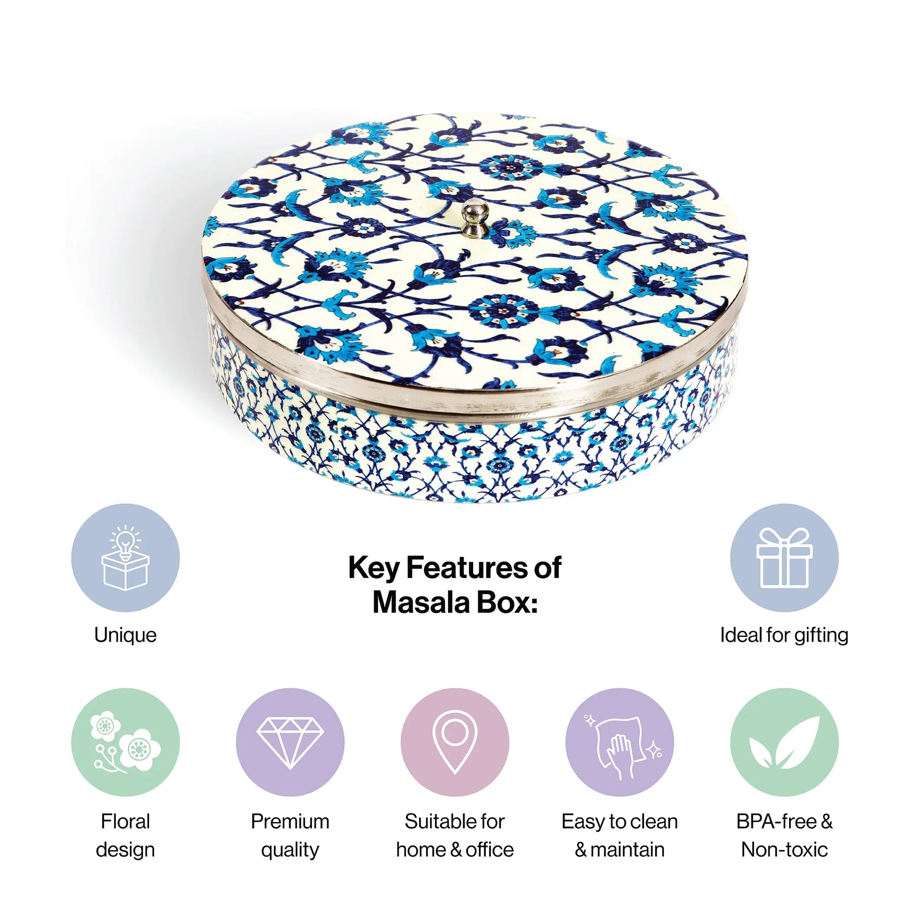 Stainless Steel Round Spice Box Masala Box Dabba for Kitchen Decor-Wild Floral Prints Pattern