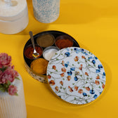 Stainless Steel Round Spice Box Masala Box Dabba for Kitchen Decor-White Floral Prints Pattern