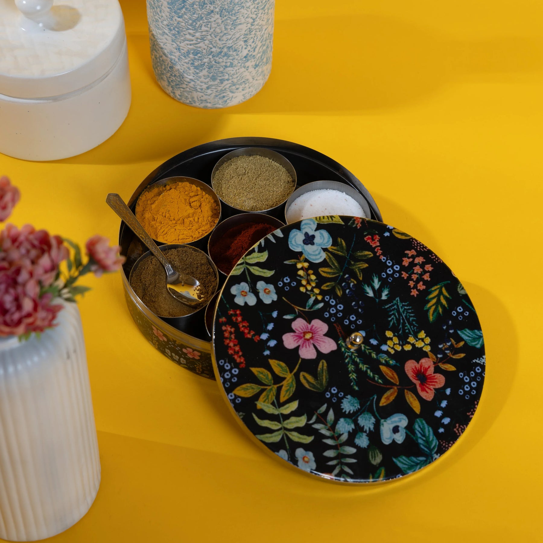 Stainless Steel Round Spice Box Masala Box Dabba for Kitchen Decor-Timberwolf Prints Pattern
