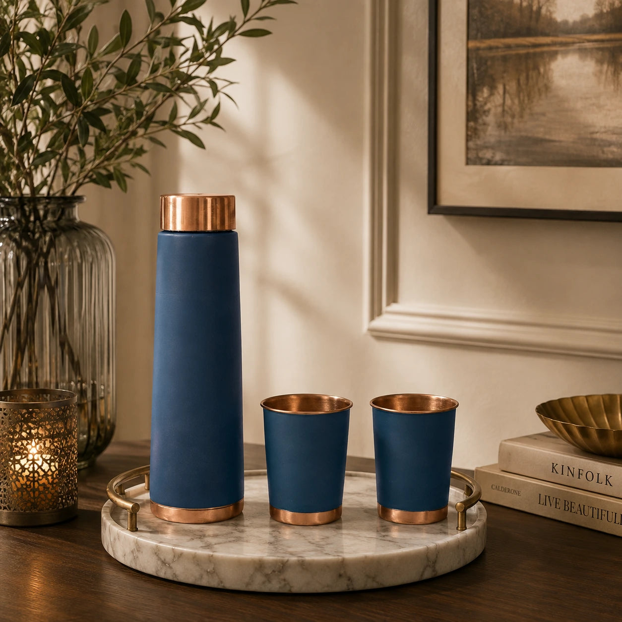 Matte Copper Water Bottle in Blue with 2 Glasses