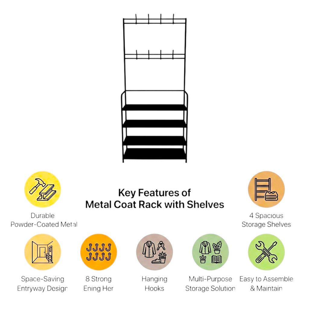 Metal coat rack with shelves and key features listed on a white background