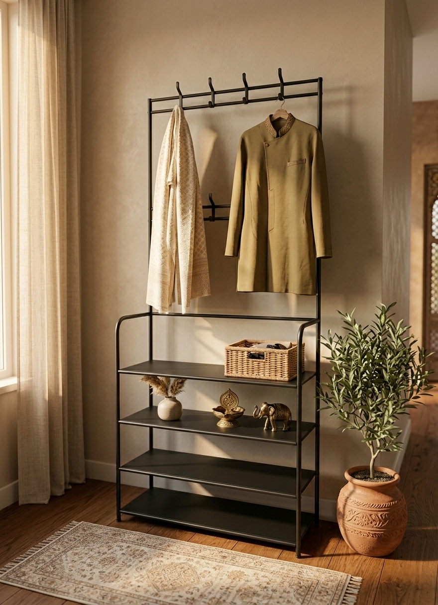 Clothing rack with clothes in a room with a plant and basket