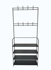 Black metal shelf with multiple levels on a white background