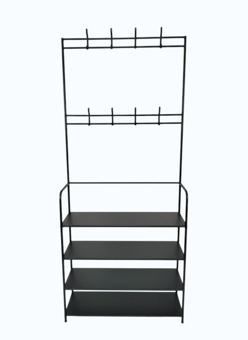 Black metal shelf with multiple levels on a white background