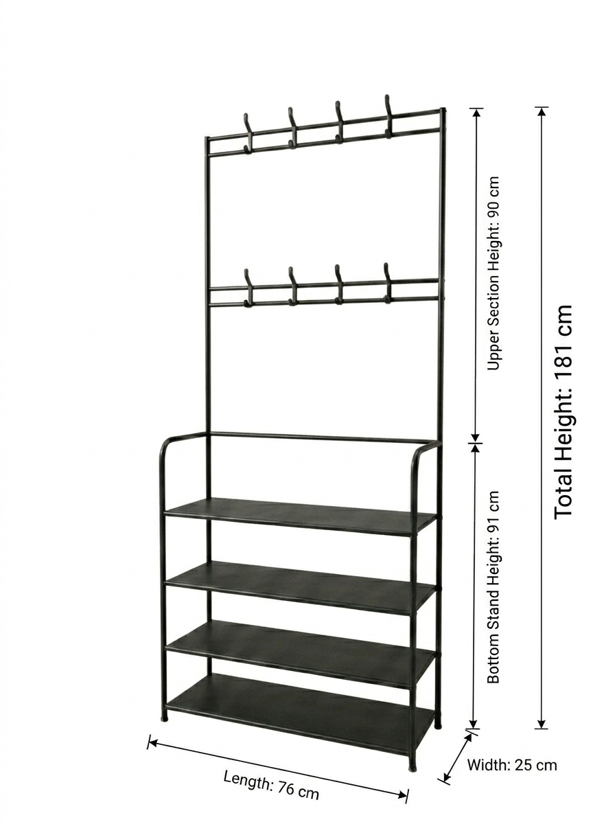 Black metal shelf with dimensions on a white background