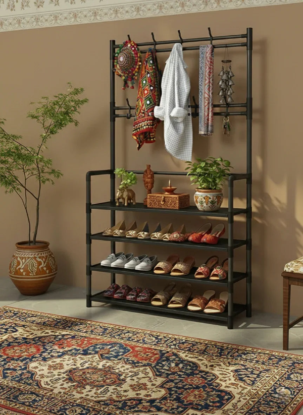 Multifunctional metal rack with shelves and hooks against a beige wall with decorative items.