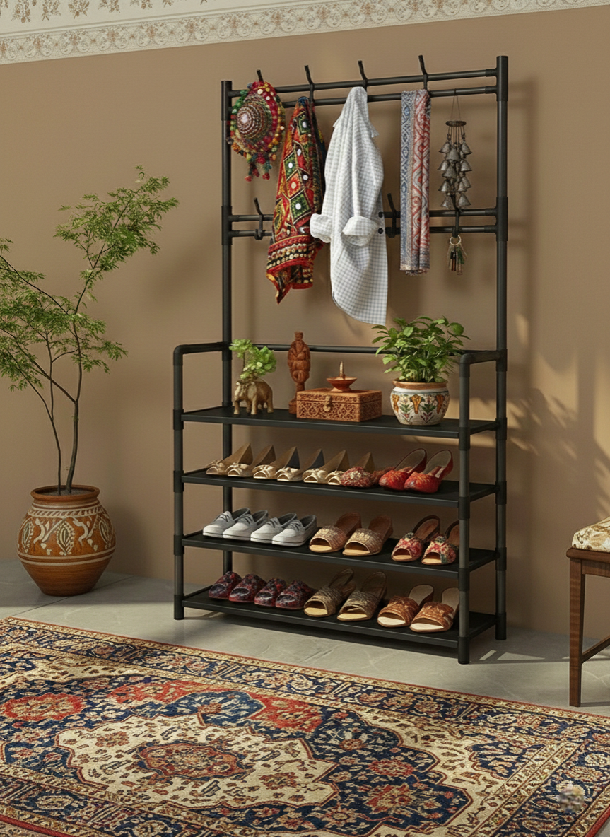 Multifunctional metal rack with shelves and hooks against a beige wall with decorative items.