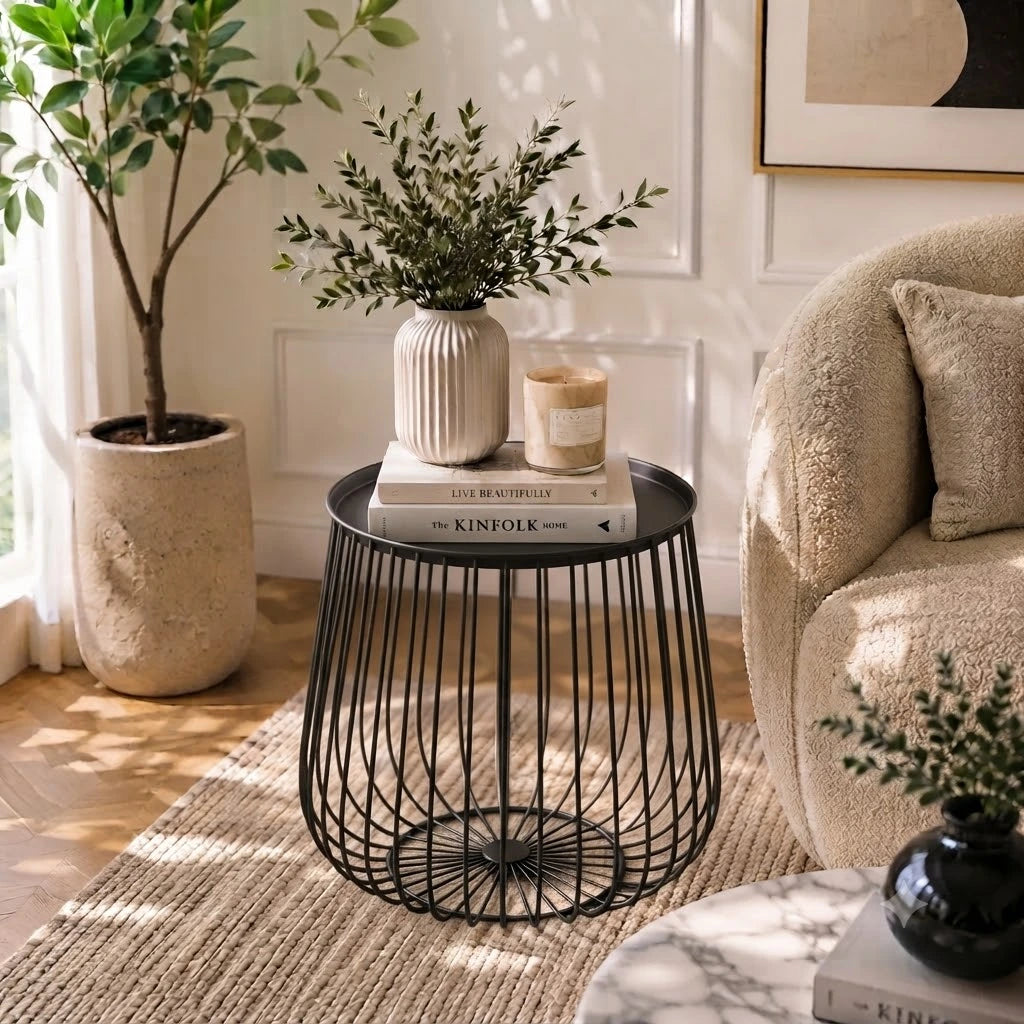 Metal Round Wire Side Table in Black for Living Room and Bedroom