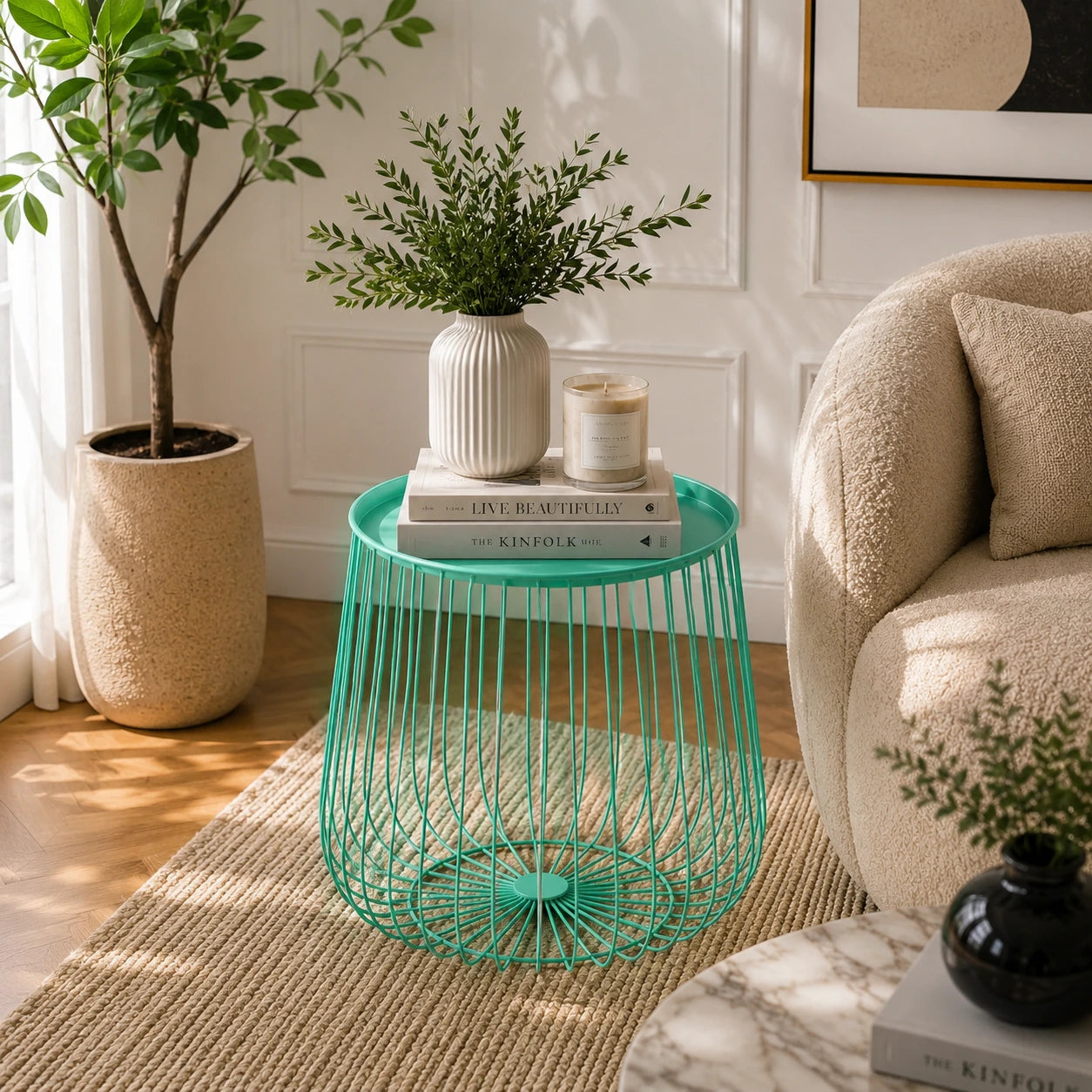 Metal Round Wire Side Table with Storage in Green for Living Room