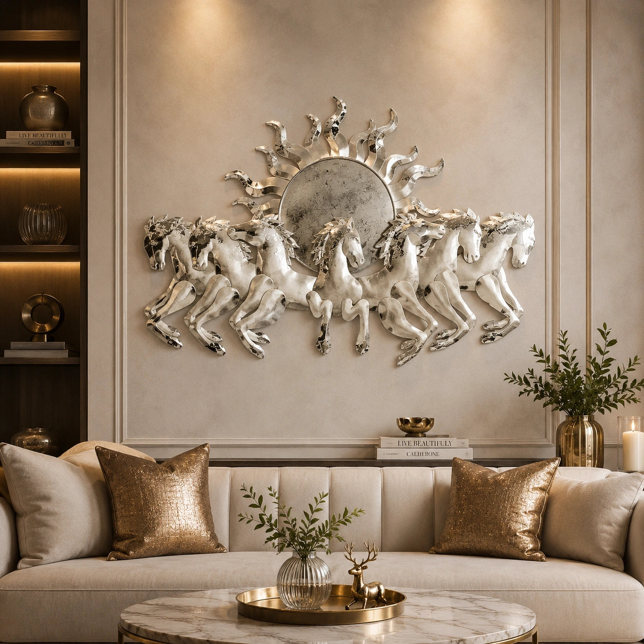 Metal Seven Running White Horses with Sunrise Led Lighting for Home Decor