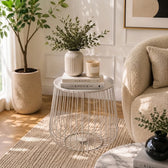 Metal Wire Round Side Table with Storage in White